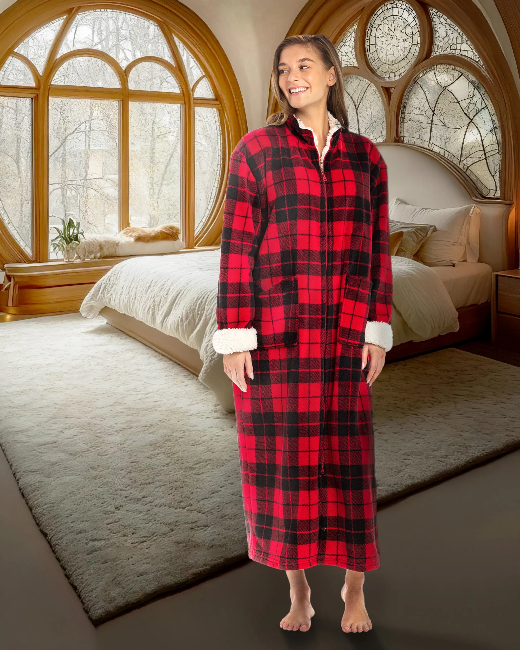 Women's Zip Up Plush Robe, Oversized Bathrobe with Two Way Zipper