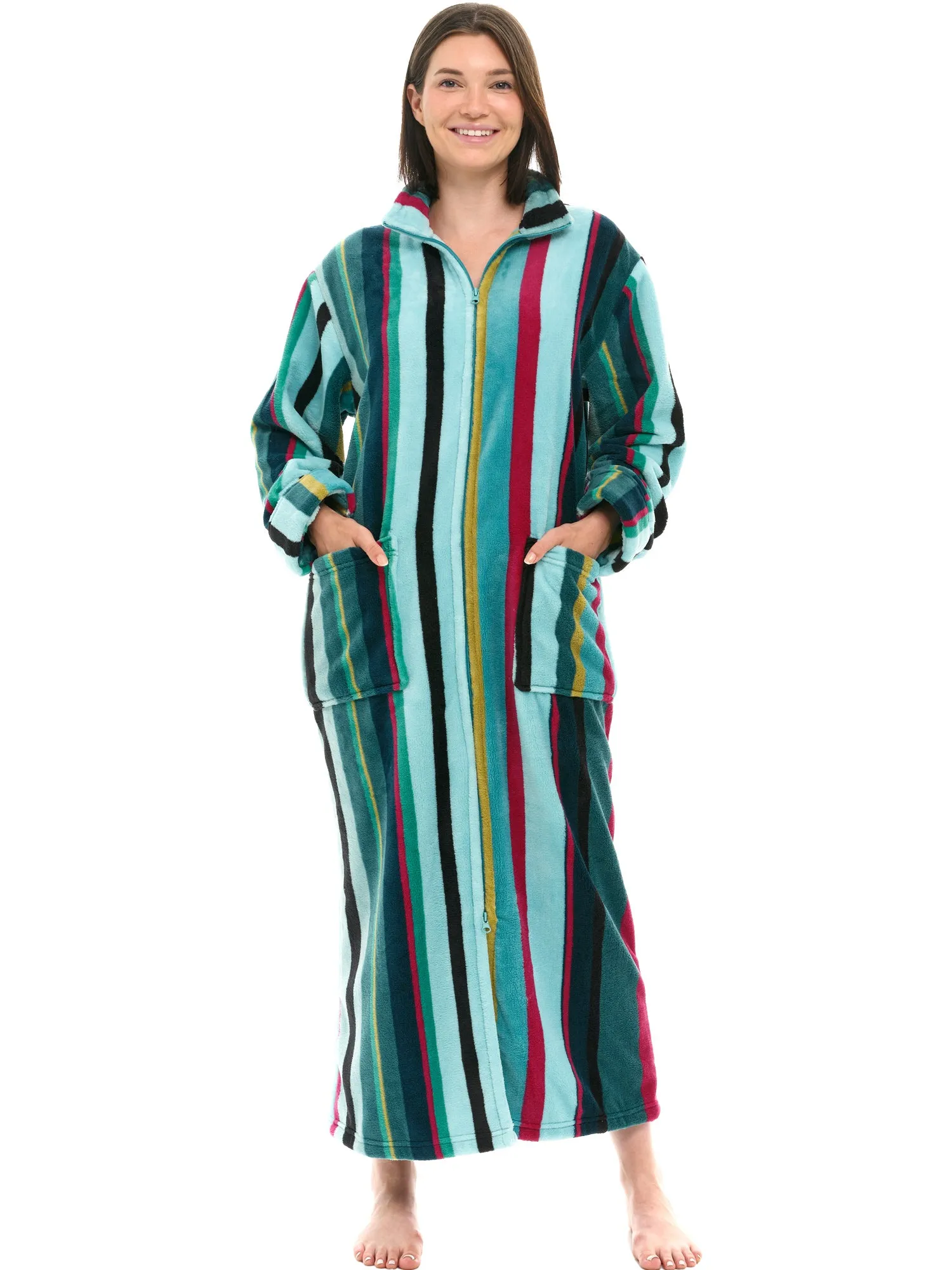 Women's Zip Up Plush Robe, Oversized Bathrobe with Two Way Zipper