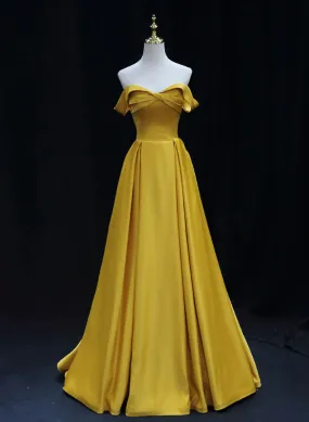 Yellow Satin A-line Off Shoulder Evening Dress, Yellow Long Prom Dress